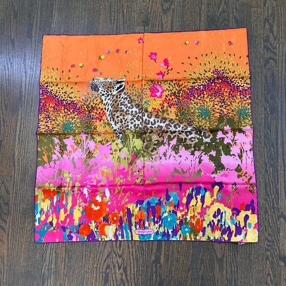 Salvatore Ferragamo Scarf Leopard in Flower Garden Pink Multicolor Silk Wrap - Picture 1 of 6